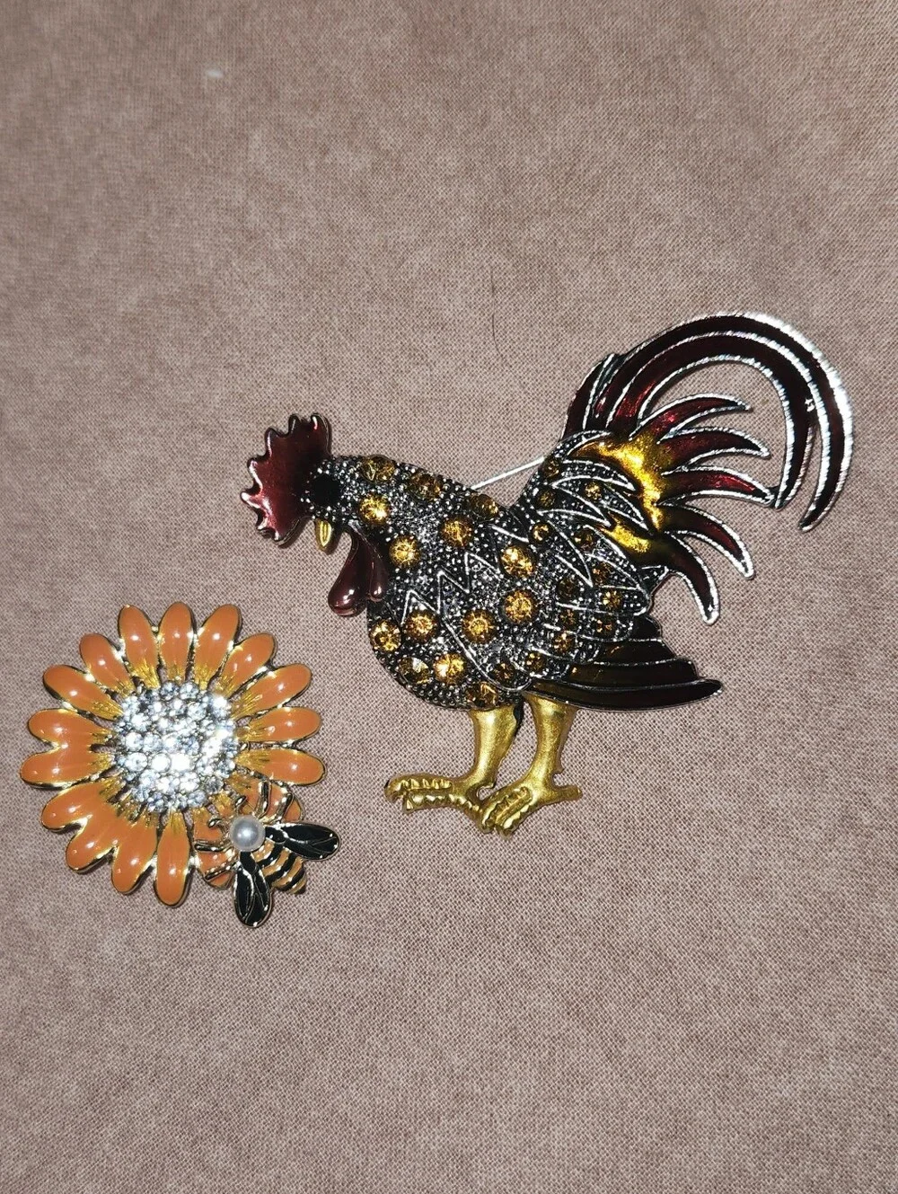 Rooster & Sunflower Enamel Brooch Set — Whimsical, Vibrant & Nature‑Inspired